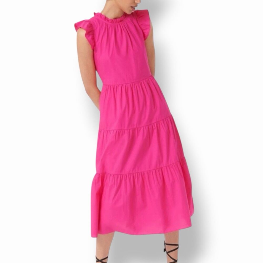 J.Crew Fuchsia Pink Ruffle Flutter Sleeve Tiered Cotton Poplin Midi Dress Small